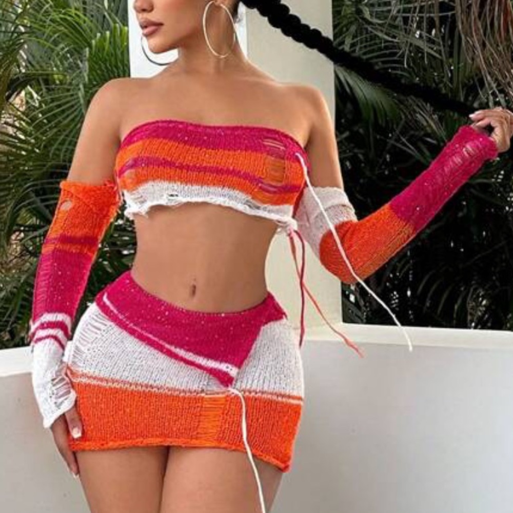 Multicolor Off the Shoulder Long Sleeve Crop Top and Mini Skirt Coverup Set